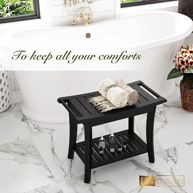 Bamboo Shower Bench Inside Shower Stool with Storage Shelf, Spa Bath Chair for Bathroom, Seat or Organizer for Living Room, Bedroom and Garden - Great for All Ages Unisex Elderly (Large, Black)