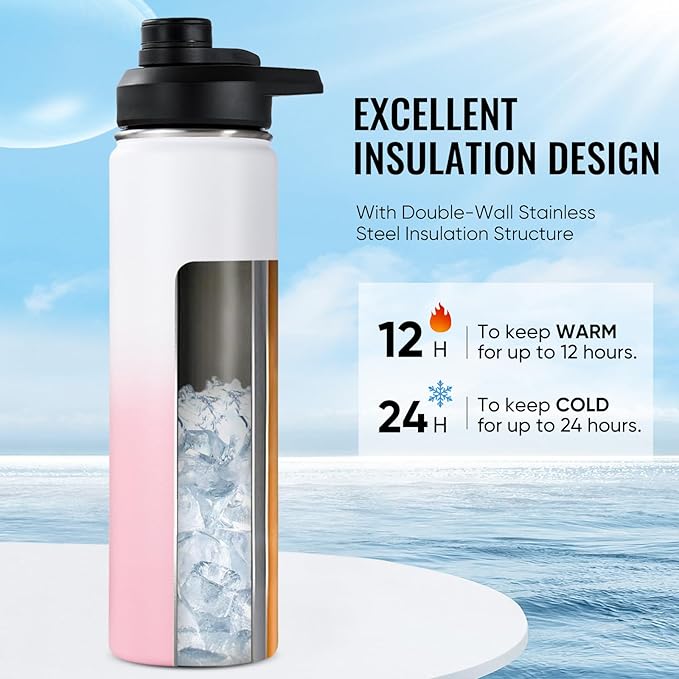 24 oz Insulated Water Bottle with Handle, 310 Stainless Steel Water Bottles with Wide Mouth, Double Wall Vacuum Sports Water Bottle, BPA Free, Keep Cold and Hot, Strawberry Milk