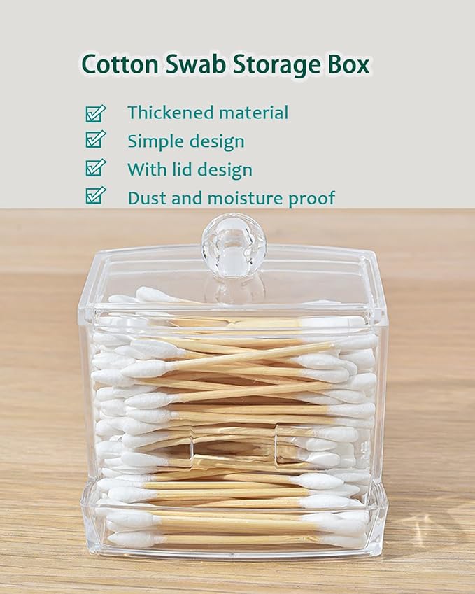 10oz Cotton Swab Dispenser with Lid, Clear Plastic Swab Holder for Bathroom Vanity Countertop Storage, Durable PS Canister with U-Slot for 3 Inch Cotton Buds, Compact Swab Organizer
