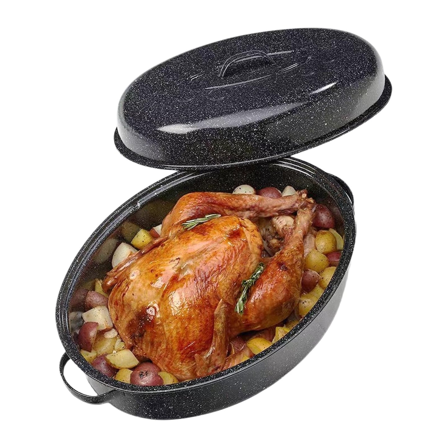 13” Enamel Roaster With Lid Oval Roasting Pan For Oven,Turkey Roaster Pot Broiler Pan Chicken Vegetables Suitable For Dining With Two People High Cookware Small Baking Pan