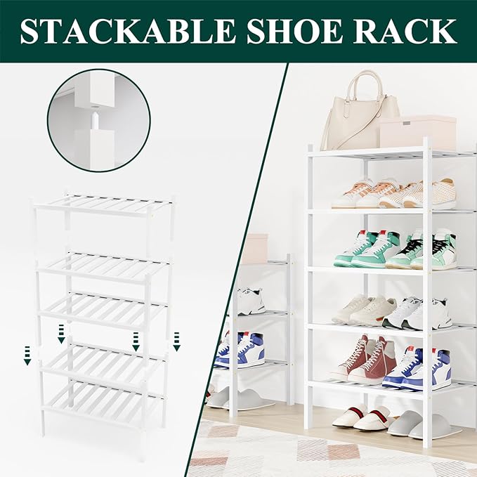Smiry Shoe Rack, 2 Tier Small Bamboo Shoe Organizer, Stackable Free Standing Wooden Shoe Storage Shelf for Closet, Entryway, Front Door Entrance, White