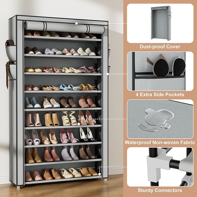 Shoe Rack with Cover Wide Shoe Organizer with Pockets 10 Tier Tall Shoe Storage Holds 50-55 Pairs Shoes and Boots Shoe Rack for Closet Entryway Garage, Grey