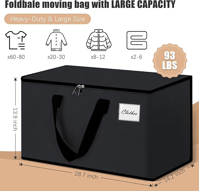 Heavy Duty Moving Bags - Extra Large Packing Bags and Storage Totes, Collapsible and Foldable Option for Moving and Storage, Black, 93 L - 12 Pack
