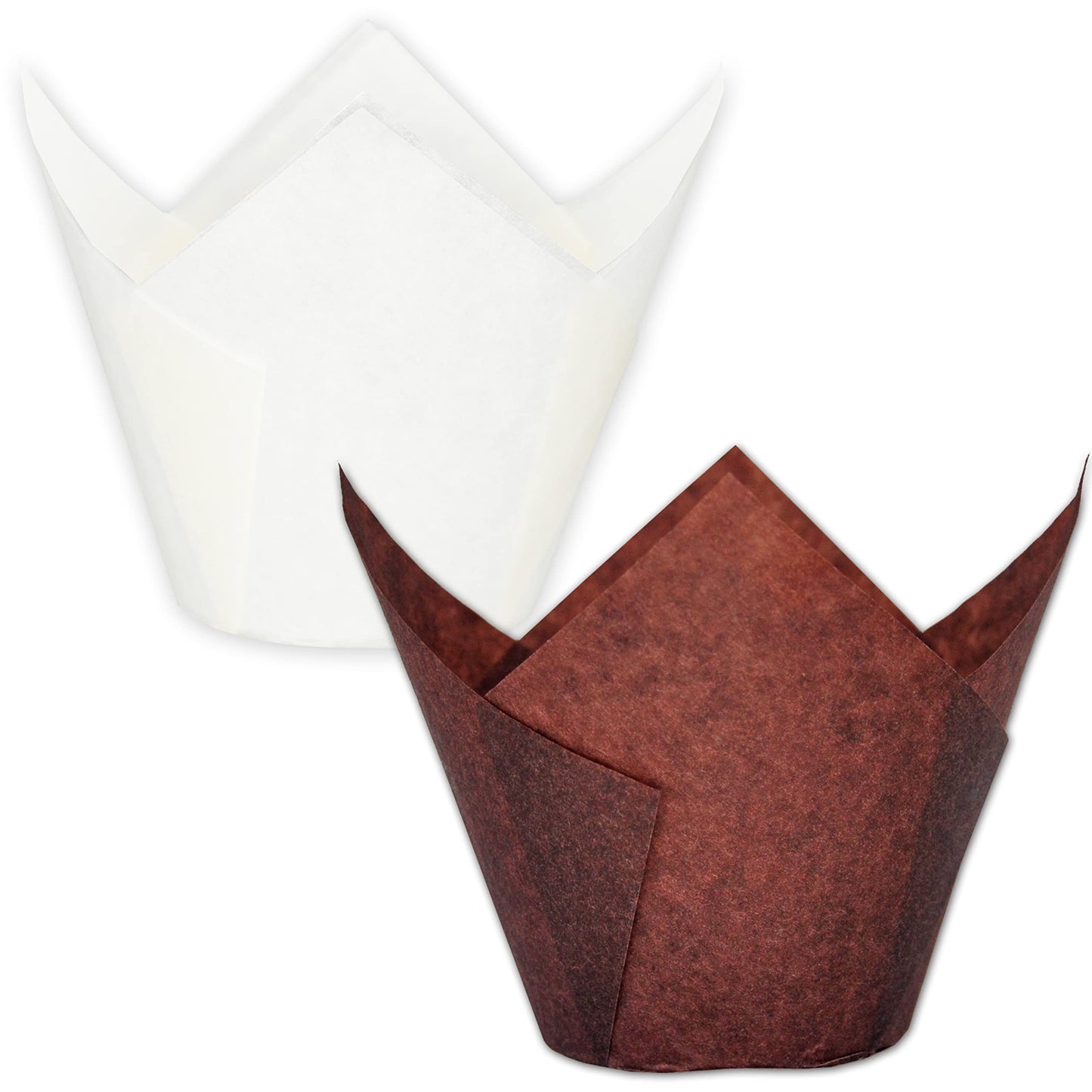 MyBakning Large size White+Brown Tulip Baking Cups 2-1/4"(Base diameter) x 4"(Wall height) Greaseproof paper baking cupcake Muffin liners, Case of 130 pcs