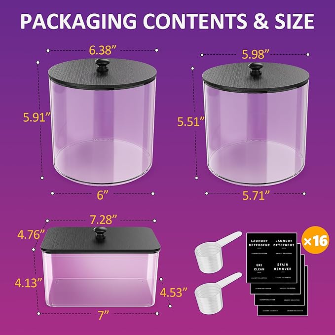 3 Pack Laundry Pods Container, Clear Laundry Room Organization Containers,Large Acrylic Detergent Powder Storage Containers Black Wooden Lids & Labels, Dryer Sheet Holder