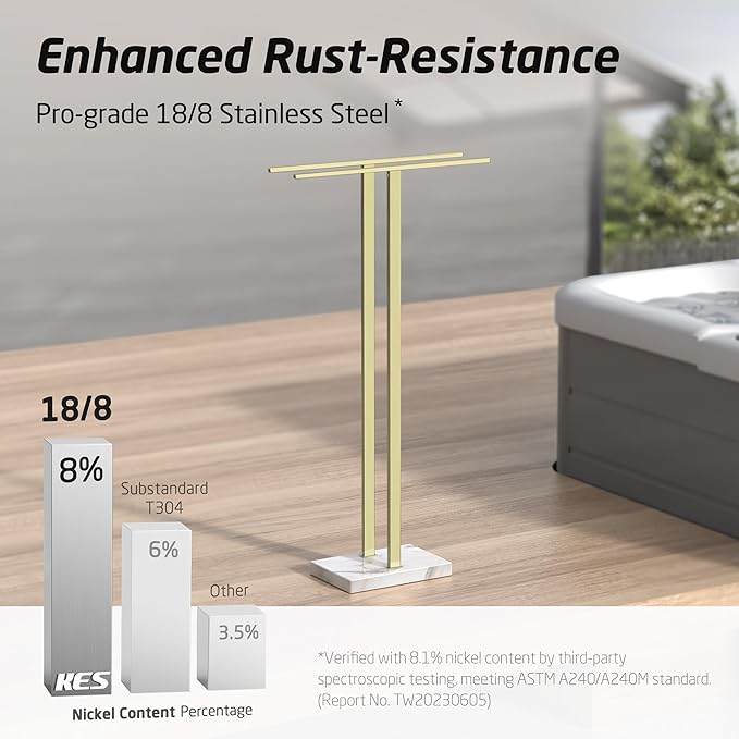 KES Standing Towel Rack with Marble Base, 37" H (Equal Height) Gold Towel Rack for Bathroom Floor, Towel Rack Stand Fits Large Bath Towel, 18/8 Stainless Steel, BTH229-BZ