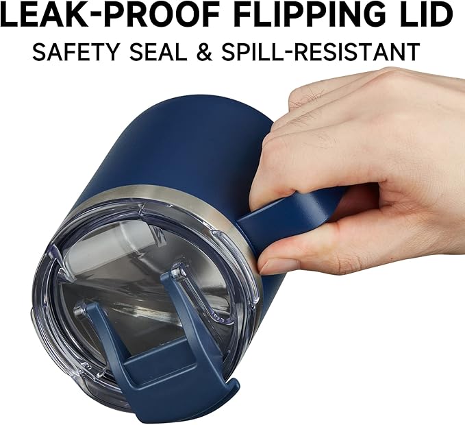 ALOUFEA 12oz Stainless Steel Insulated Coffee Mug with Handle, Double Wall Vacuum Tumbler Cup with Fliping Lid, Navy, 2 Pack