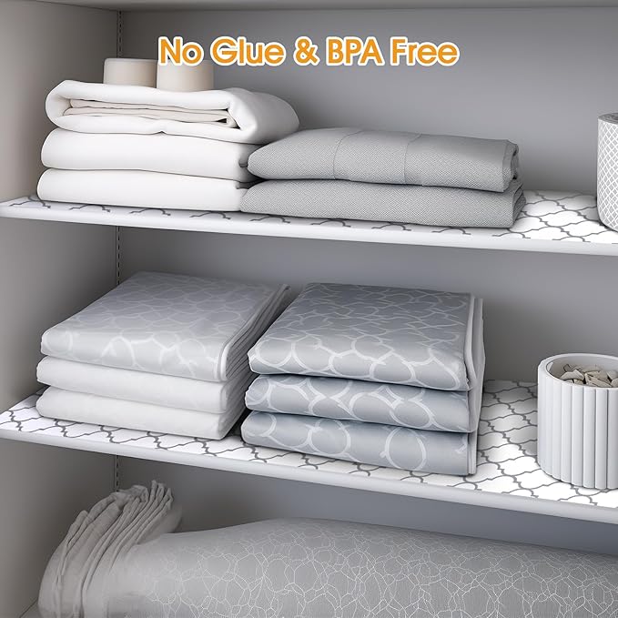 Shelf and Drawer Liner for Kitchen Cabinets Non-Adhesive, Strong Grip Non-Slip Thickened Cabinet Liners for Shelves, Waterproof Mats for Dresser Cupboard, White/Gray, 17 in x 30 Feet