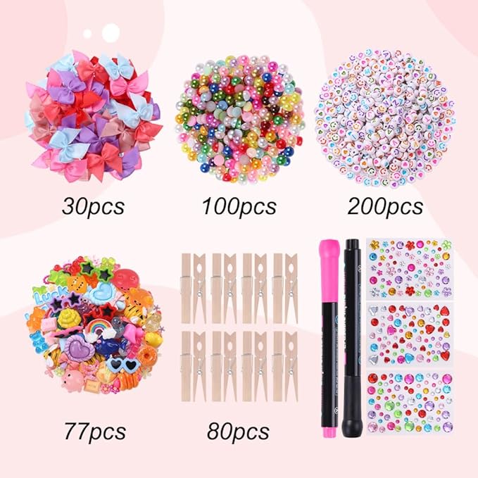 JOICEE 80PCS Cheer Pins Spirit Clips,Include 80 Natural Wooden Clothes Pins 126 Resin Animals Bows Daisy and Stickers Pen 300 Beads Pearls for Cheerleading Backpacks Ribbon Team Cheer Gifts