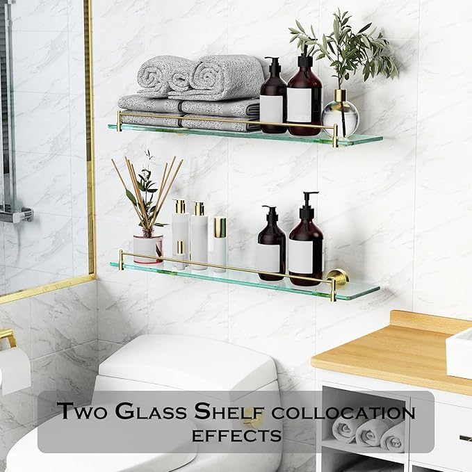 24 Inch Glass Bathroom Shelves,Brushed Gold Floating Shelves for Wall Rectangular Modern Stainless Steel Glass Shelf for Bathroom Shelves Wall Mounted