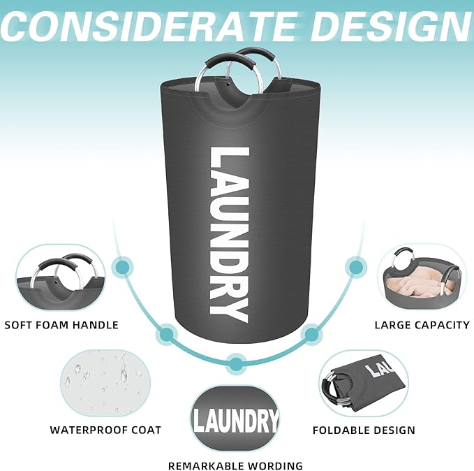 StorageRight 90L Large Laundry Basket, Laundry Hamper, Dirty Clothes Hamper for Laundry, Collapsible, Waterproof Laundry Baskets with Foam Protected Aluminum Handles for Laundry, Dorm, Family (Grey)