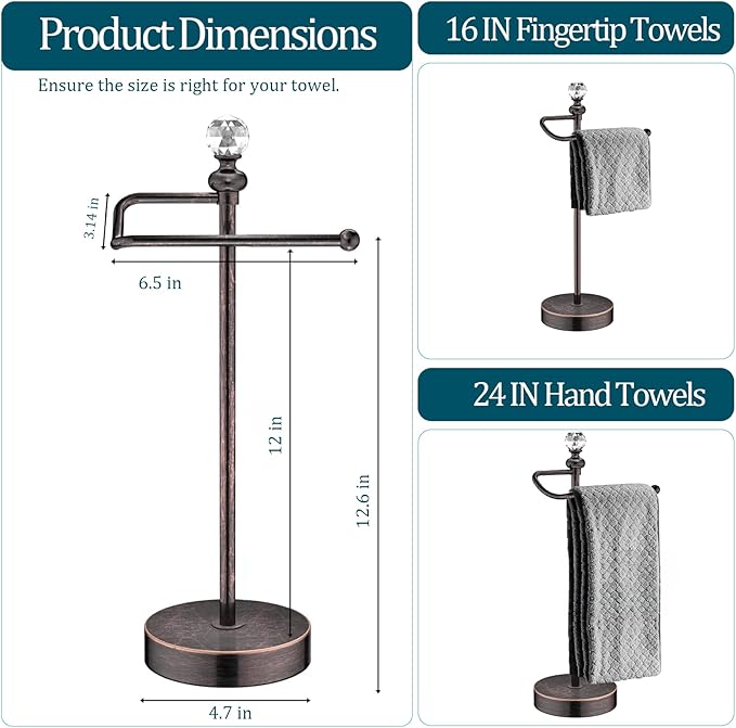 Bathroom Hand Towel Holder with Crystal Ball, Countertop Towel Holder Stand 15.7” H, Stainless Steel Classic Vintage Hand Towel Rack Stand with Heavy Weighted Base (Oil Rubbed Bronze, 2 Pack)