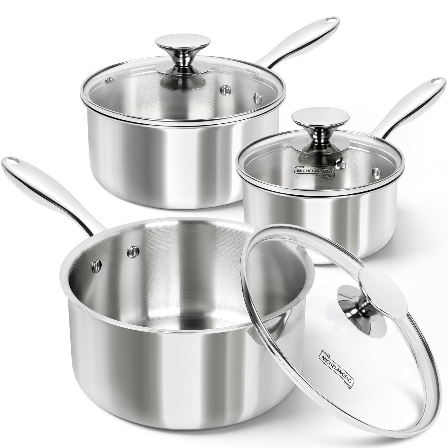 MICHELANGELO 3 Quart Saucepan with Lid & Steamer, Stainless Steel Sauce Pan with Triply Bottom, 3 QT Sauce Pot, Nonstick Saucepan Induction Compatible