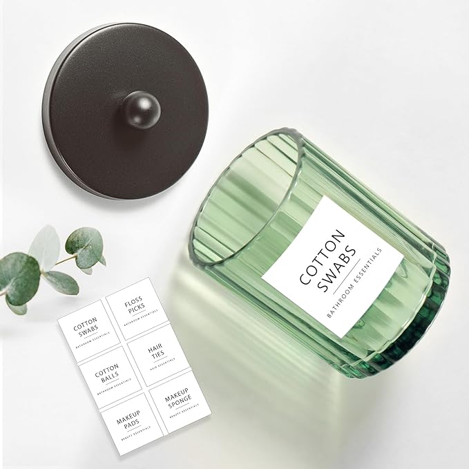 Amolliar Sage Green Glass Apothecary Jar With Metal Lid & Stickers, Bathroom Qtip Holder Dispenser for Cotton Swabs, Balls, Round Pads, Bath Salt, Floss, Countertop Canister Storage, Bronze 4 Pack