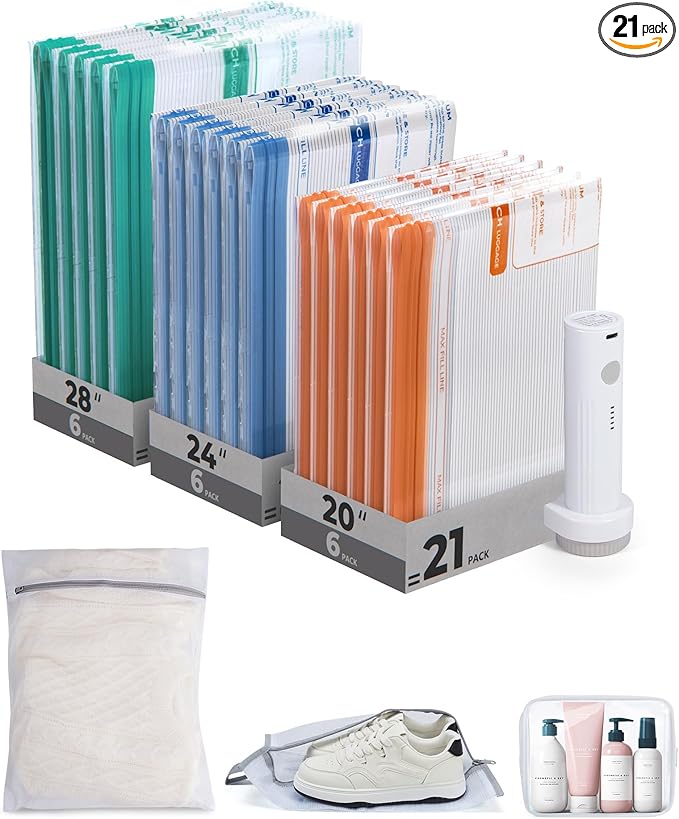 BAGSMART Vacuum Storage Bags for Travel with Rechargeable Air Pump, 21 Pack Portable Space Saver Bags for Travel & Home, Vacuum Compression Seal Bag for Clothing, Blanket, Duvets