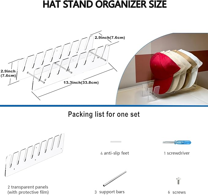 Hat Stand Organizer for Baseball Caps, Acrylic Hat Holder & Rack, 2PCS Clear Stand for 16 Caps, Ideal for Bedroom, Closet, Dresser, Office and Entrance (2)