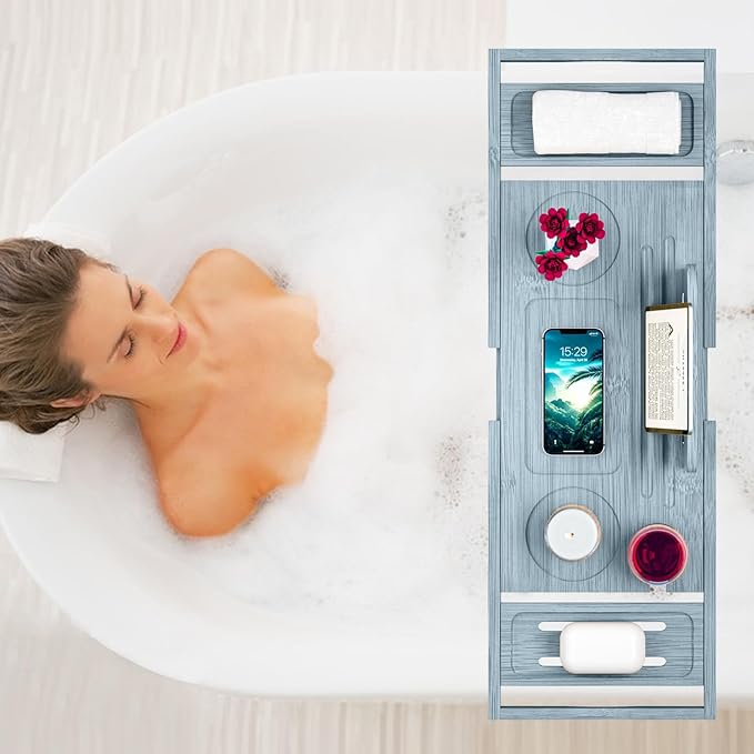 Bathtub Tray Caddy - Bath Tray - Bath Tub Tray Caddy - Bamboo Bath Tray for Tub - Expandable Size, Fits Most Tubs