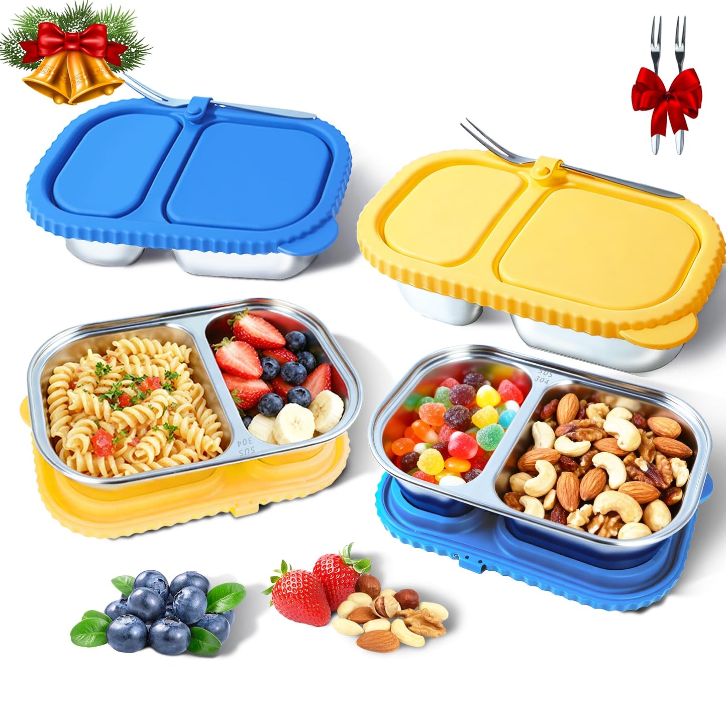 2 Pack Stainless Steel Snack Containers for Kids & Adults - Reusable 2 Compartment Snack Containers with Leakproof Silicone Lids, Divided Meal Prep Lunch Box Food Container for School, Office, Travel