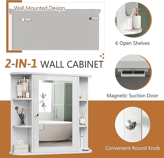 Meilocar Bathroom Medicine Cabinet, Bathroom Mirror Cabinet Wall Mounted with 6 Side Open Shelves, White Wall Cabinet with Mirror, White