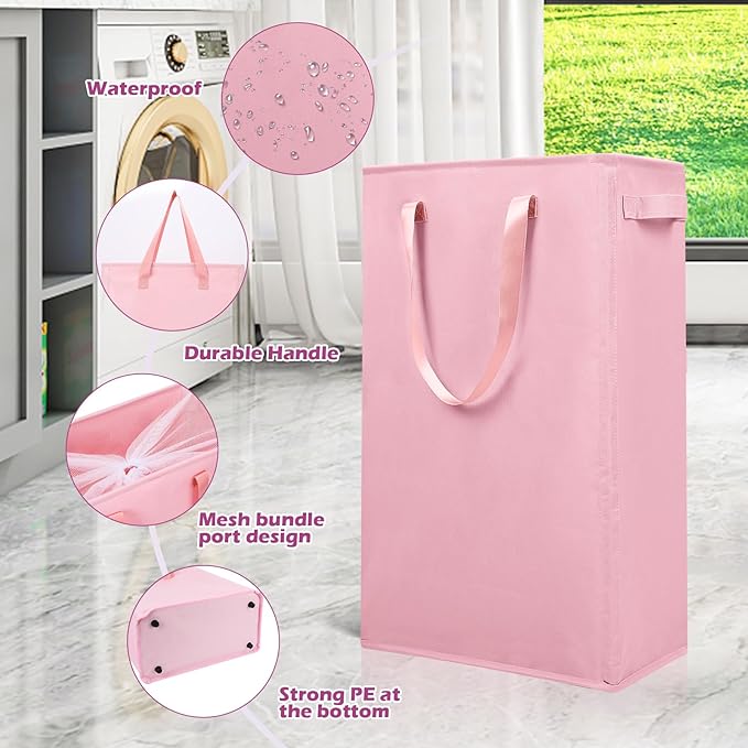 Odonata Slim Laundry Hamper Handles Collapsible Laundry Basket Thin Dirty Clothes Basket Narrow Laundry Bag Foldable Dirty Hamper 45L (Pink)