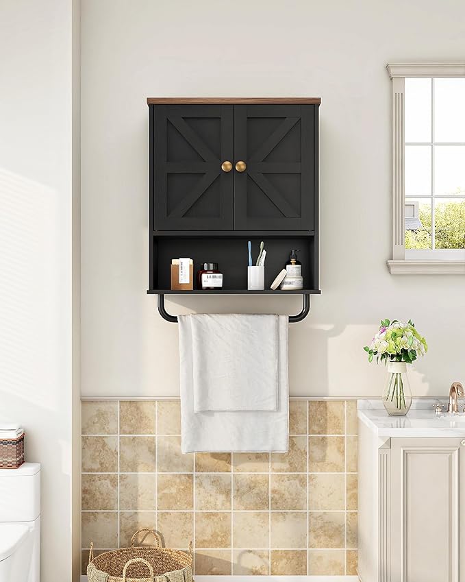 Bathroom Wall Cabinet, Medicine Cabinet with Open Partition and Towel Bar, Rustic Storage Cabinet with Open and Hidden Storage Space, for Bathroom, Living Room, Kitchen, Black and Walnut