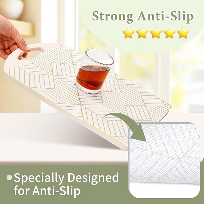 Shelf Liners for Kitchen Cabinets 35.4 in X 19.69 Ft, Non Adhesive Cabinet Liner Strong Non-Slip Thickened Gold Geometric Drawer Liner, Easy to Clean for Shelf, Cabinet with Knife and Tape Measure