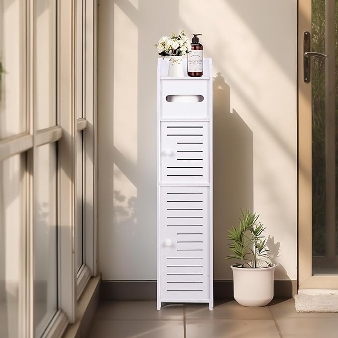ShellKingdom Toilet Paper Holder Stand, Small Bathroom Storage Cabinet with Doors and Shelves, Slim Storage Cabinet for Bathroom Small Spaces Corner Floor - White