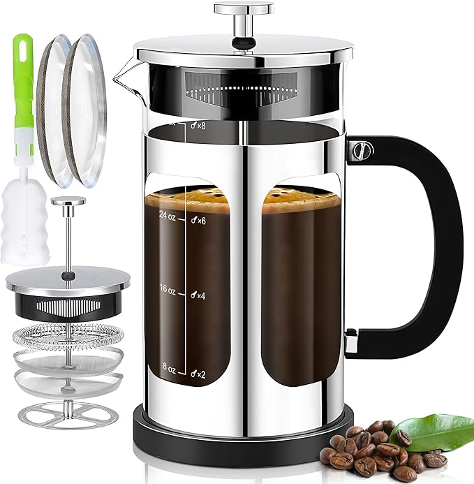 YMMIND French Press Coffee Maker (34oz 1Quart 5-6Cup) Coffee Press, with 4 Filters System, Heat Resistant Thickness Borosilicate Glass, Cold Brew Coffee Tea Pot Gifts (Bright Black)