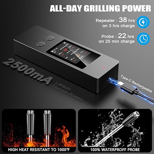 KylosTherm Bluetooth Wireless Meat Thermometer, No App Needed, 800FT Range, Dual Ultra-Thin Probes, IP67 Waterproof, HD Touch Screen - Perfect for BBQ, Grill, Oven, Smoker & Kitchen Cooking