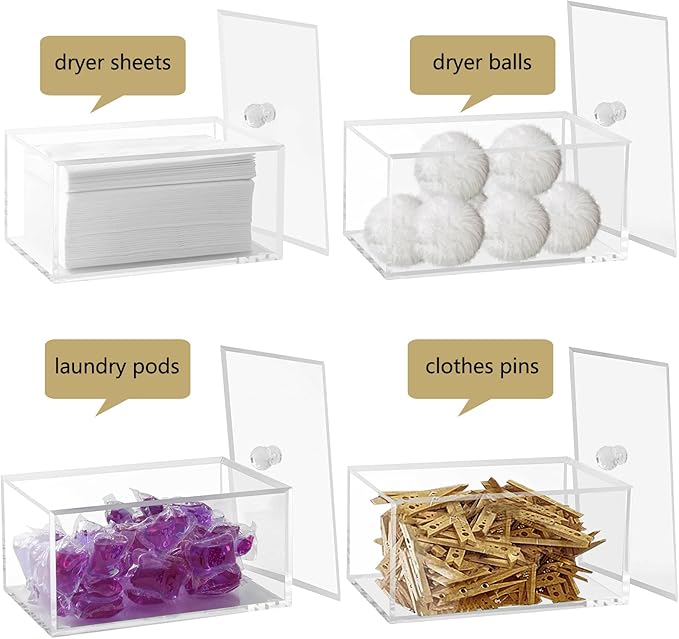 rejomiik Clear Dryer Sheet Holder Thick Acrylic Dryer Sheet Dispenser Container with Lid for Fabric Softener Sheets, Dryer Balls, Laundry pods, Clothes Pins, Laundry Room
