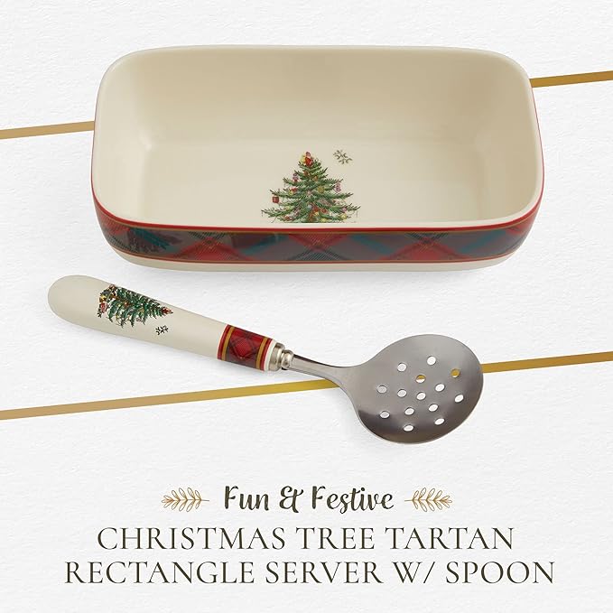 Spode Christmas Tree Tartan Rectangle Server with Slotted Spoon - Set of 2