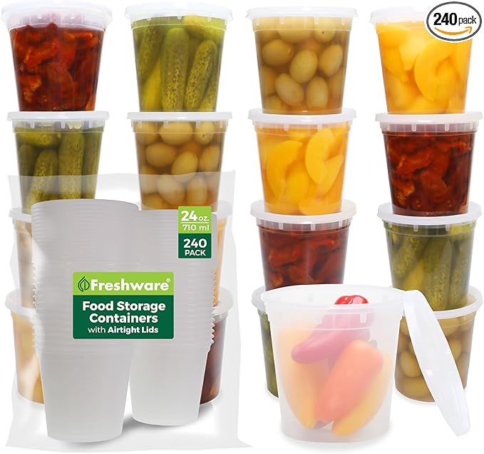 Freshware Food Storage Containers [24 Set] 32 oz Plastic Deli Containers with Lids, Slime, Soup, Meal Prep Containers | BPA Free | Stackable | Leakproof | Microwave/Dishwasher/Freezer Safe