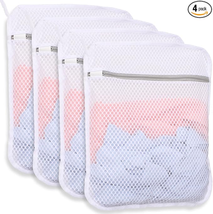4 PCS Durable Honeycomb Mesh Laundry Bags for Delicates with Zipper, 12 x 16 Inches Reusable Laundry Bag Mesh Wash Bags for Washing Machine for Clothes, Shoes, Socks, Underwear, Bra (M, White)
