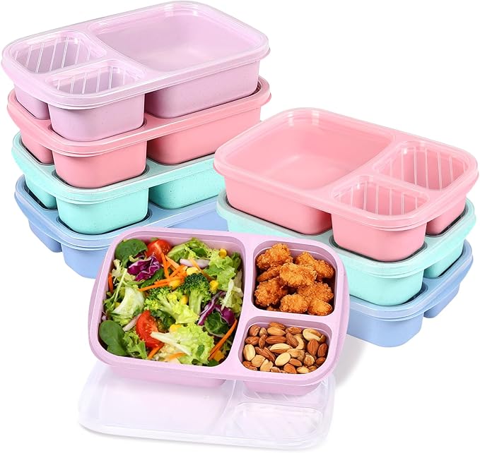 Hyzxyzi 8 Pack Adult Lunch Box Set, Reusable 3-compartment food containers, Microwave and Dishwasher Safe (8 light colors)