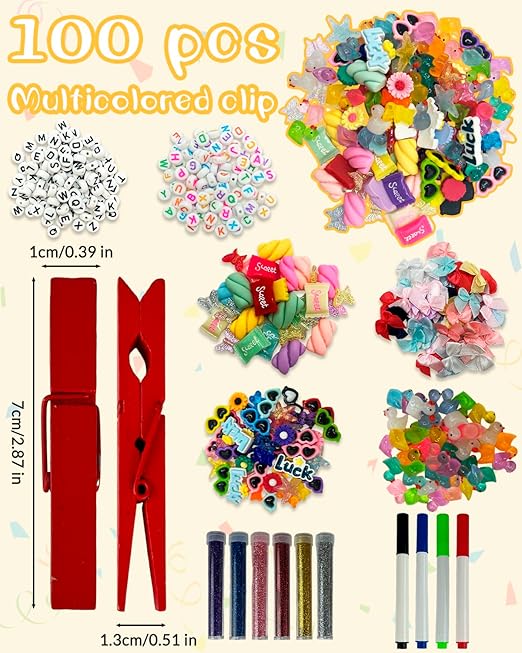 Cheer Pins Spirit Clips – 100 Pack Multicolor Wooden Clips with Mini Bows, Duck Charms & Self-Adhesive Glitter for DIY Cheer Accessories, Schoolbag Decor, Team Crafts Gifts (100 PCS Multicolored)