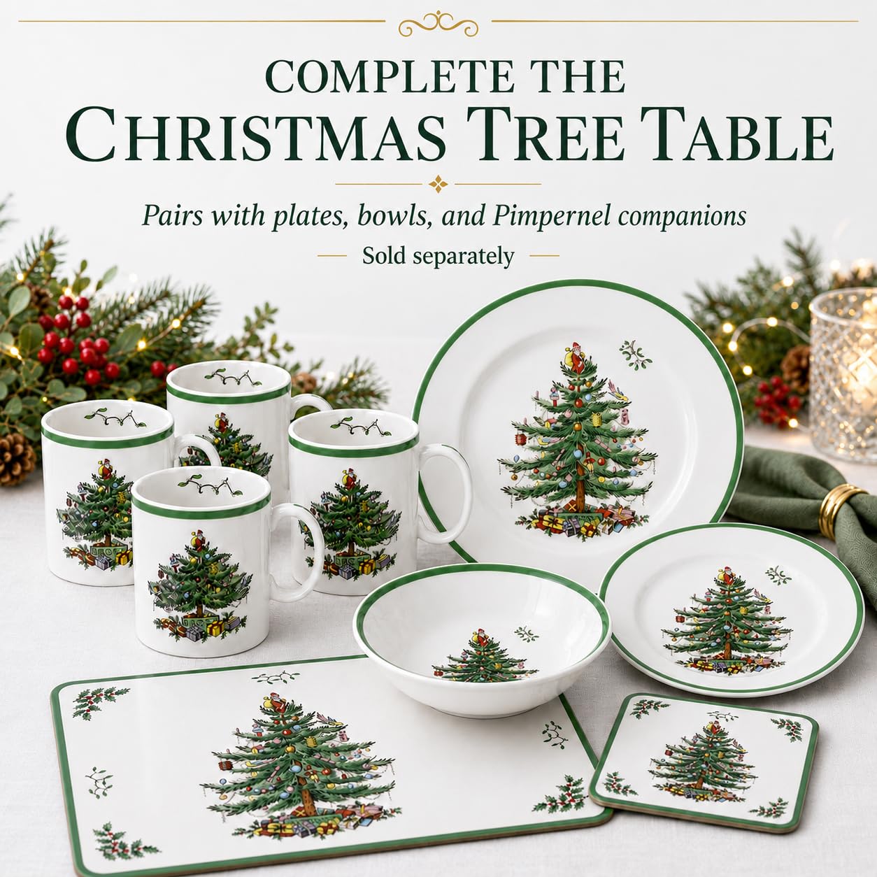 Spode Christmas Tree Mugs, 9 Oz, Set of 4 - Festive Holiday Drinkware