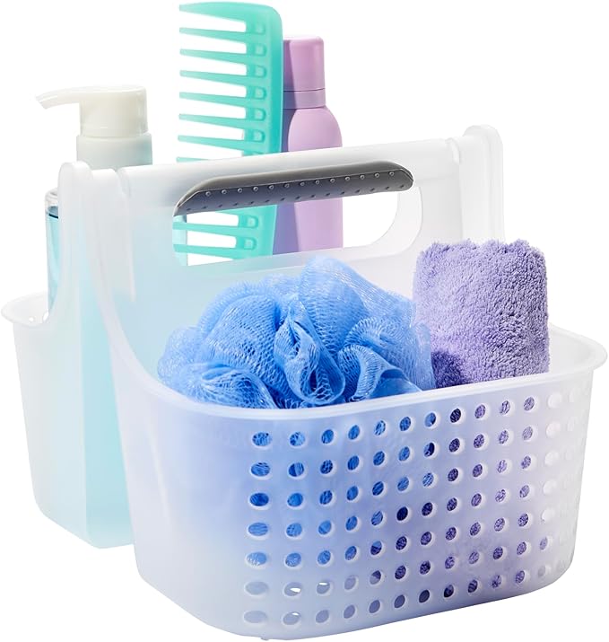 madesmart Portable Shower Caddy, Hold Soap, Shampoo, Hair Supplies and Beauty Products, Cleaning Supplies Organizer for Home, Dorm, Plastic Shower Tote, Soft Handle, Frost