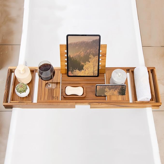 XcE Teak Bathtub Caddy Tray - Expandable to 41 Inches with Book Stand, Soap Holder & Anti-Slip Pads for Luxury Bath Spa, Teak