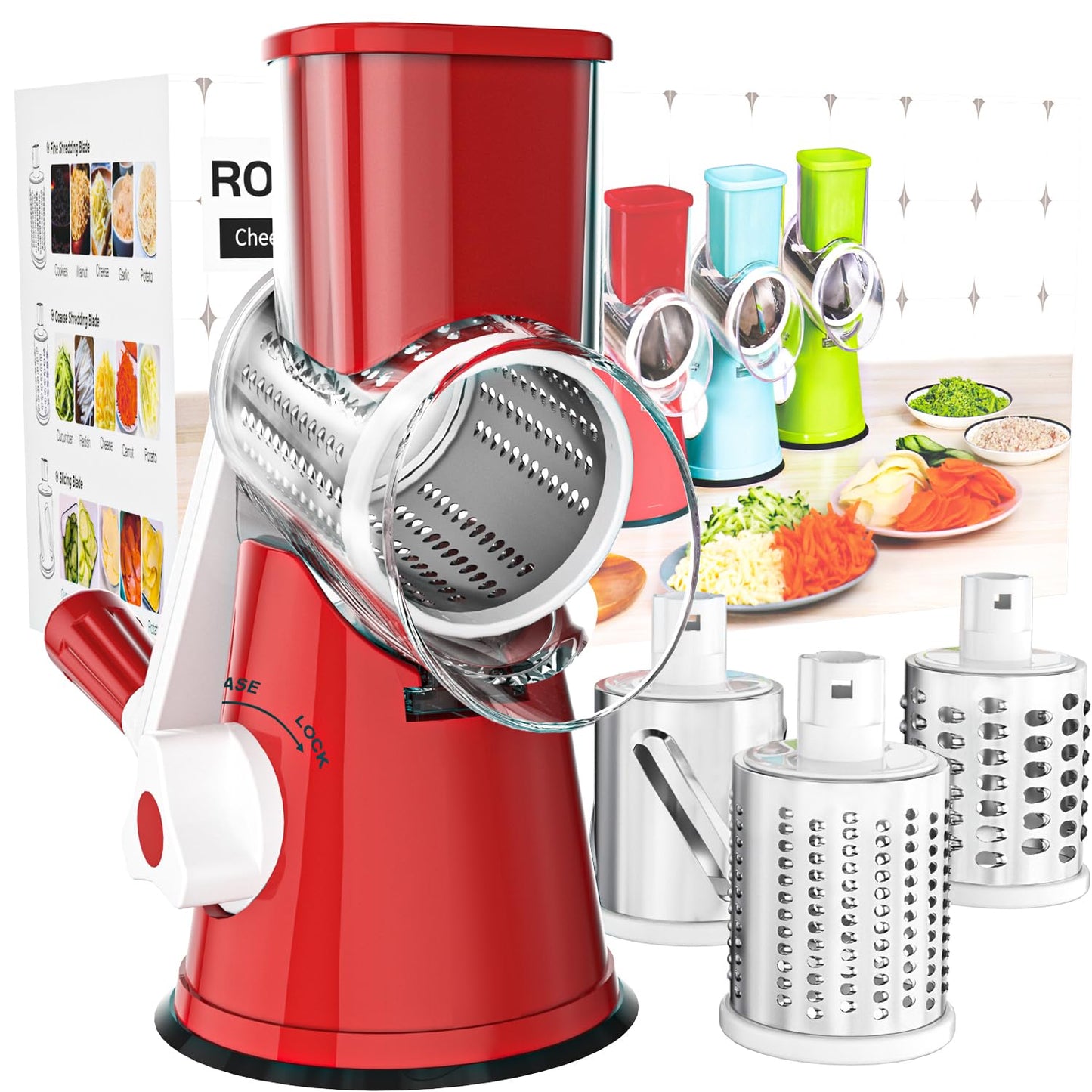 Cambom Rotary Cheese Grater Hand Crank Cheese Shredder for Fresh Cheese, Vegetable, Nuts,Non-slip Suction Base，Three Blades,Blue