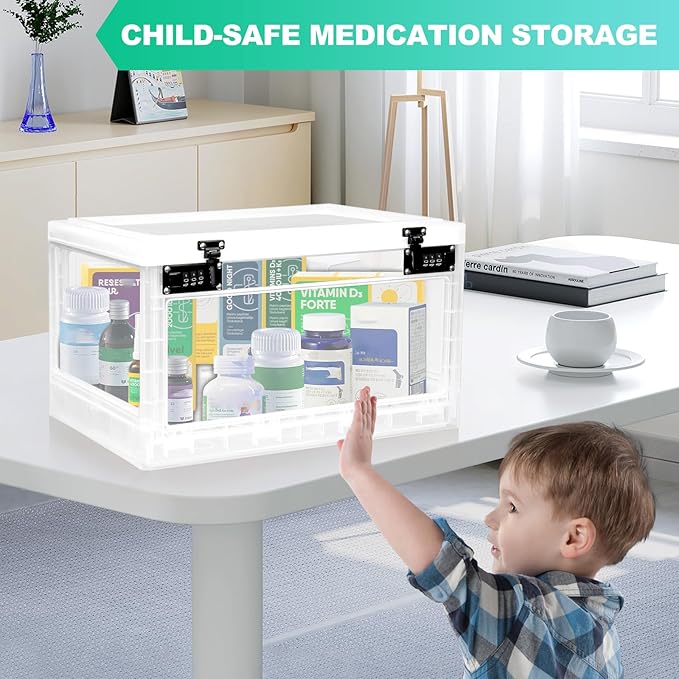 Large Medicine Lock Box with Dual 3-Digit Combination Locks, 24L Lockable Storage Box for Medication, Snacks, Phone, and Electronics - BPA-Free Organizer Bin for Home, Office, Fridge, and Safety