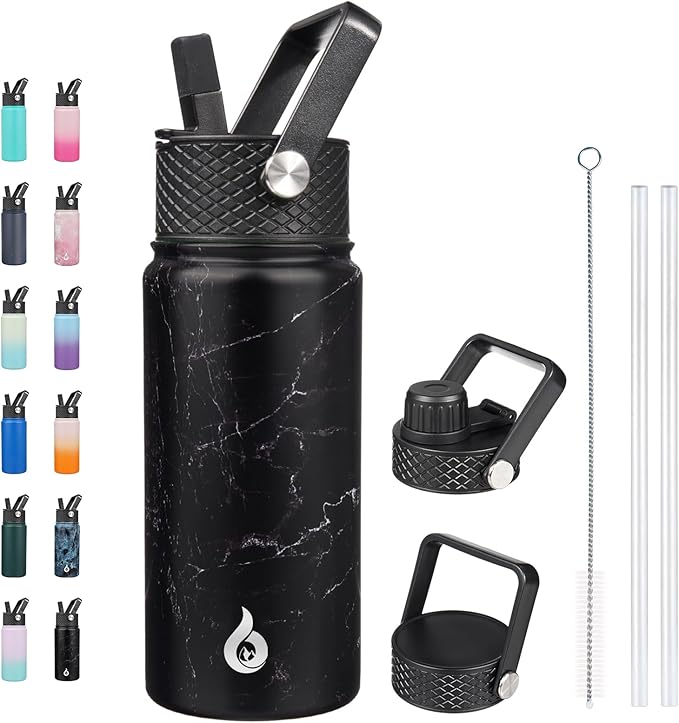 BJPKPK Insulated Water Bottles with Straw Lid, 18oz Stainless Steel Metal Water Bottle, Cold Hot Thermo with 3 Lids, Leak Proof BPA Free Travel Cup, Wide Mouth Flasks, Thermo -Midnight