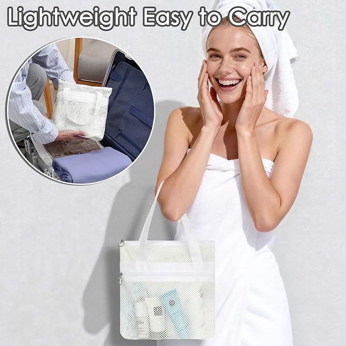 Mesh Shower Caddy Portable Shower Bag for Travel,Gym,Camping – Quick-Dry Hanging Toiletry Organizer with Zipper Pockets for Bathroom Essentials,White