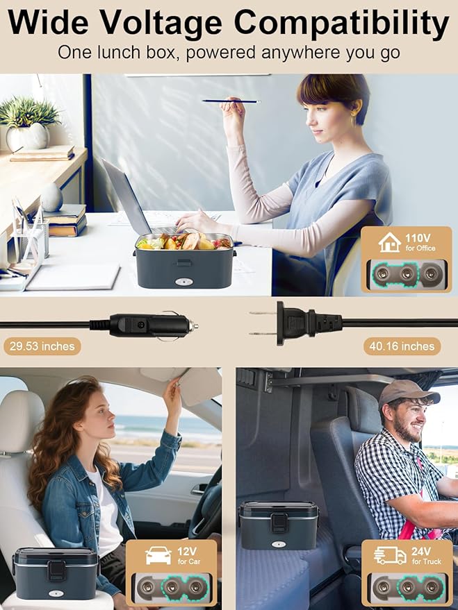 1.8L+0.5L Heated Lunch Box for Men, 80W Electric Lunch Box with Long-handled Utensils for Adults, 12V/24V/110V Lonchera Eléctrica Portátil, Portable Food Warmer for Car/Truck/Office (Deep Blue)