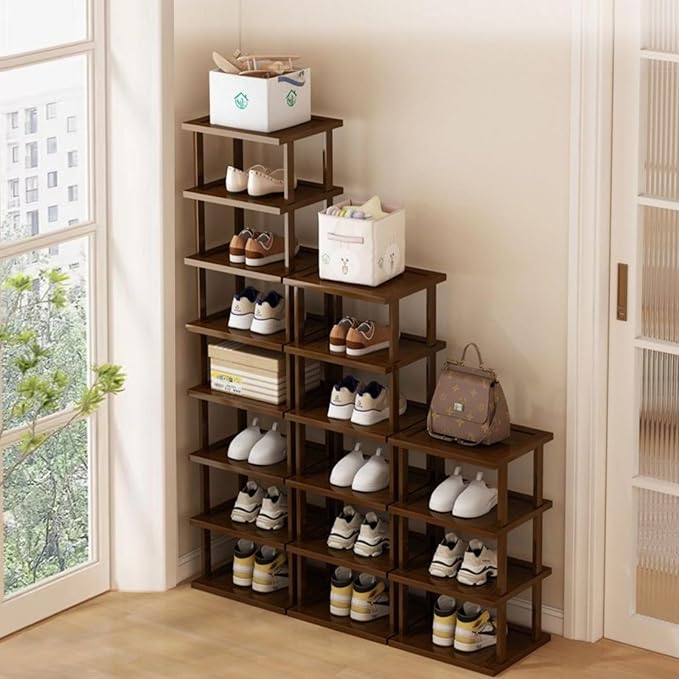 Vertical Shoe Rack-Tall Narrow Shoe Rack Organizer for Small Spaces,12Tier Bamboo Shoen Shelf for Entryway,Closet,Corner,Doorway,Skinny Shoe Shelf Space Saving Shoe storage,Free Stackable DIY