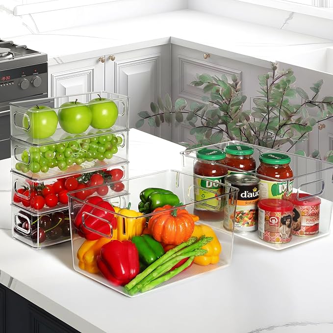 Qilinba Clear Storage Bins 8 Pack for Pantry Organizers, 4 Large Plastic Pantry Organizer Bins and 4 Small Stackable Storage Containers for Kitchen Cabinet, Home Edit, Freezer Fridge Organizer