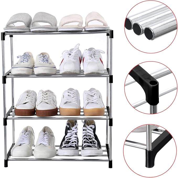 Stackable Small Shoe Rack, Entryway, Hallway and Closet Space Saving Storage and Organization (4-Tier, Black)