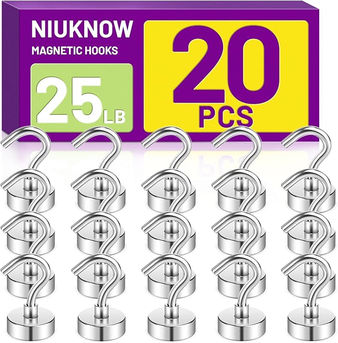 20Pack Heavy Duty Magnetic Hooks, 25 lbs Strong Neodymium Magnet Hooks for Hanging, Magnet with Hook for Cruise, Grill, Fridge, Home,Locker Accessories(Silver)