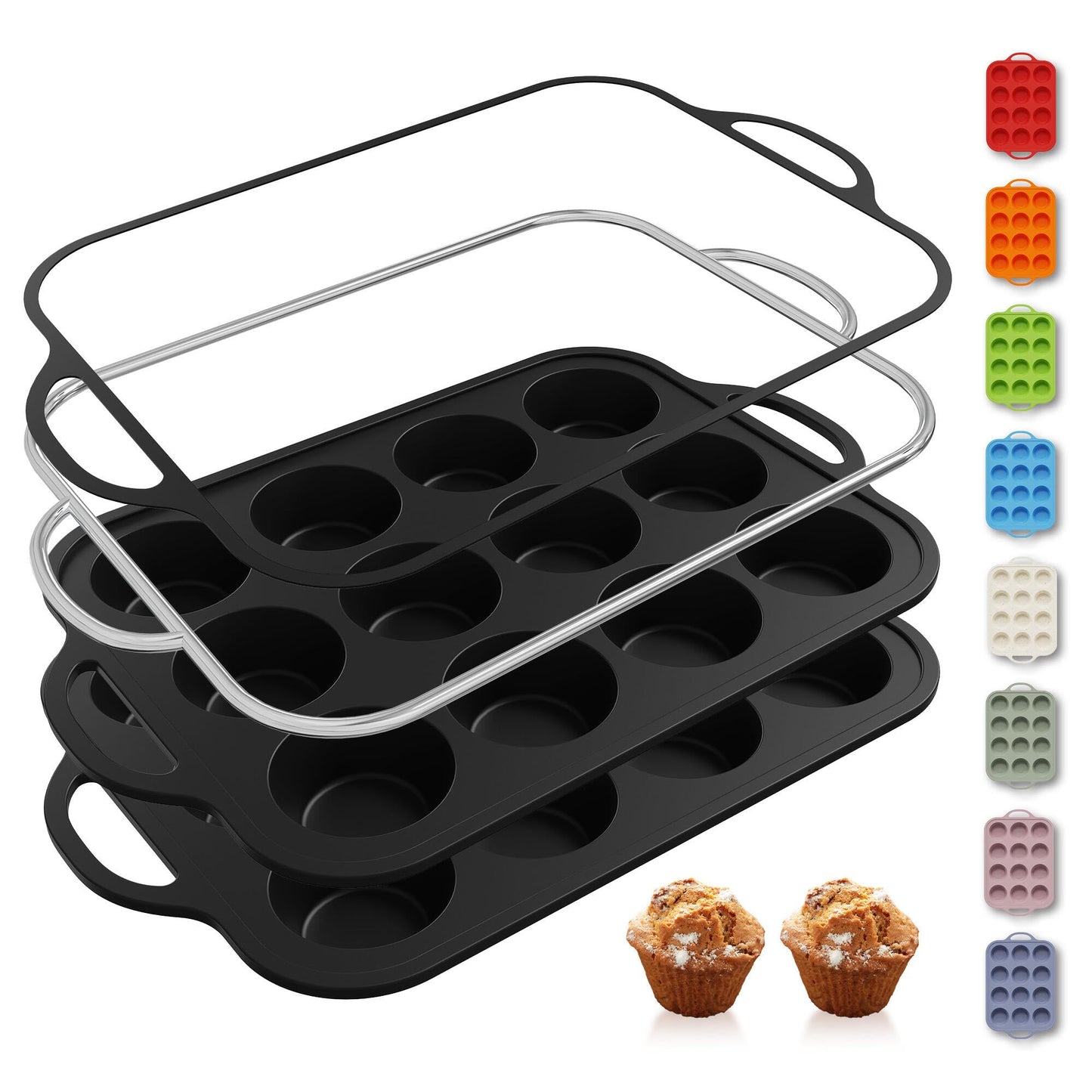 2 Packs 12 Cups Silicone Muffin Pan for Baking with Metal Reinforced Frame Regular Size Cupcake Pan Tray Chocolate Egg Pizza Bites Oven Top Cookie Molds Muffin Tin Tart Pans Sheet Set Bakeware Liner
