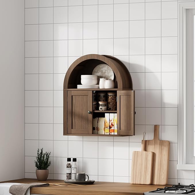 ChooChoo Arched Wall Cabinet, Bathroom Cabinet Wall Mount Over The Toilet with Display Shelf, Double Door Medicine Cabinet, Wooden Storage Cabinet for Kitchen, Living Room or Entryway, Walnut