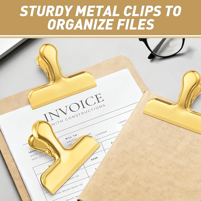 Funfery 24 Pack 3 Inch Stainless Steel Gold Chip Clips Strong Bag Clips Large Clip for Food Packages,Metal Kitchen Food Clip for Snack Home&Office Paper Heavy Duty